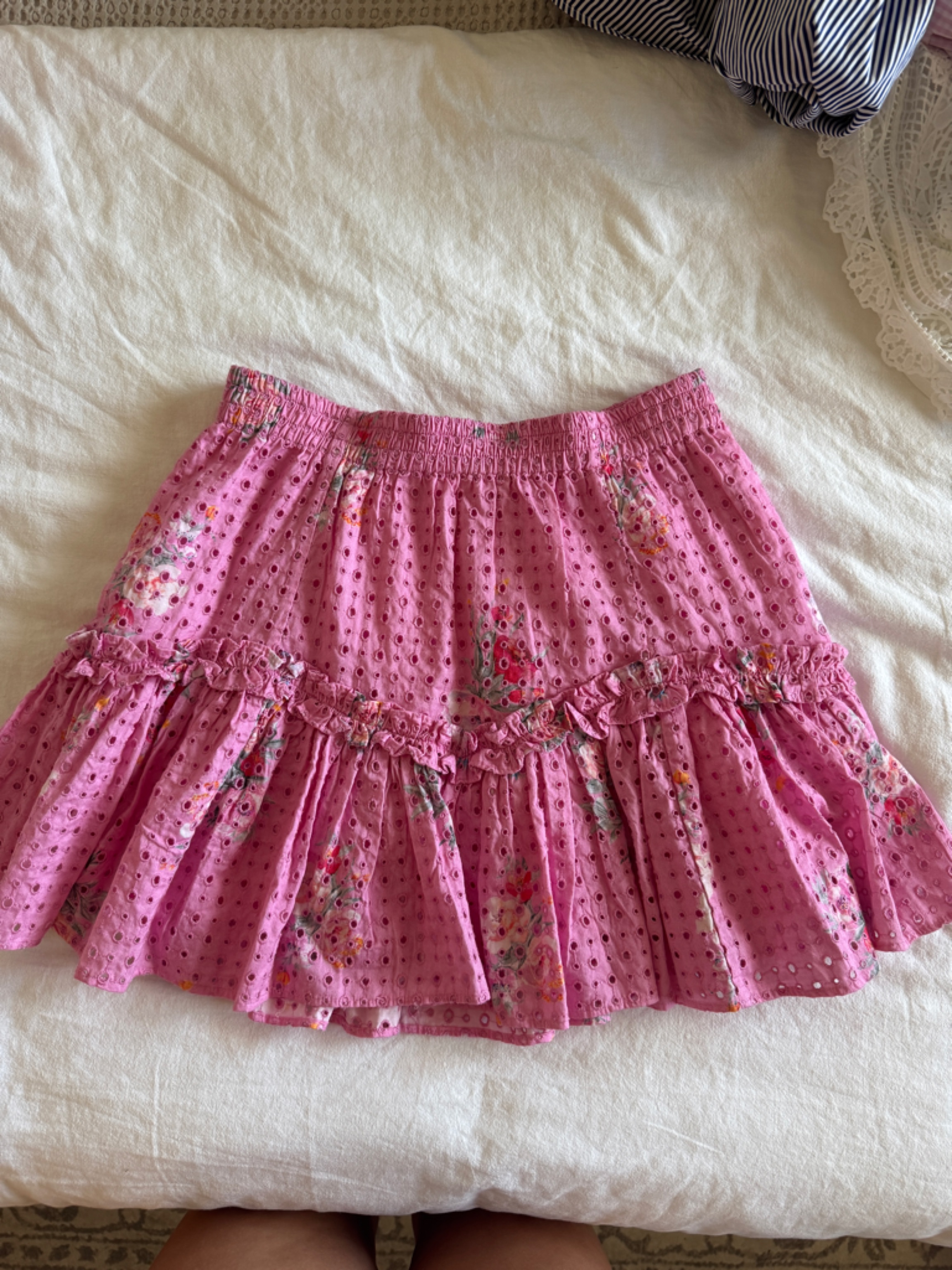 Loveshackfancy Pink Eyelet Floral Tiered Mini Skirt